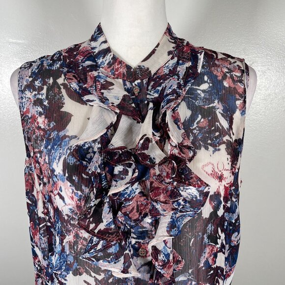 Tahari Arthur S. Levine Sheer Blouse Top Womens M Multi Ruffle Trim Button Front - Picture 3 of 15